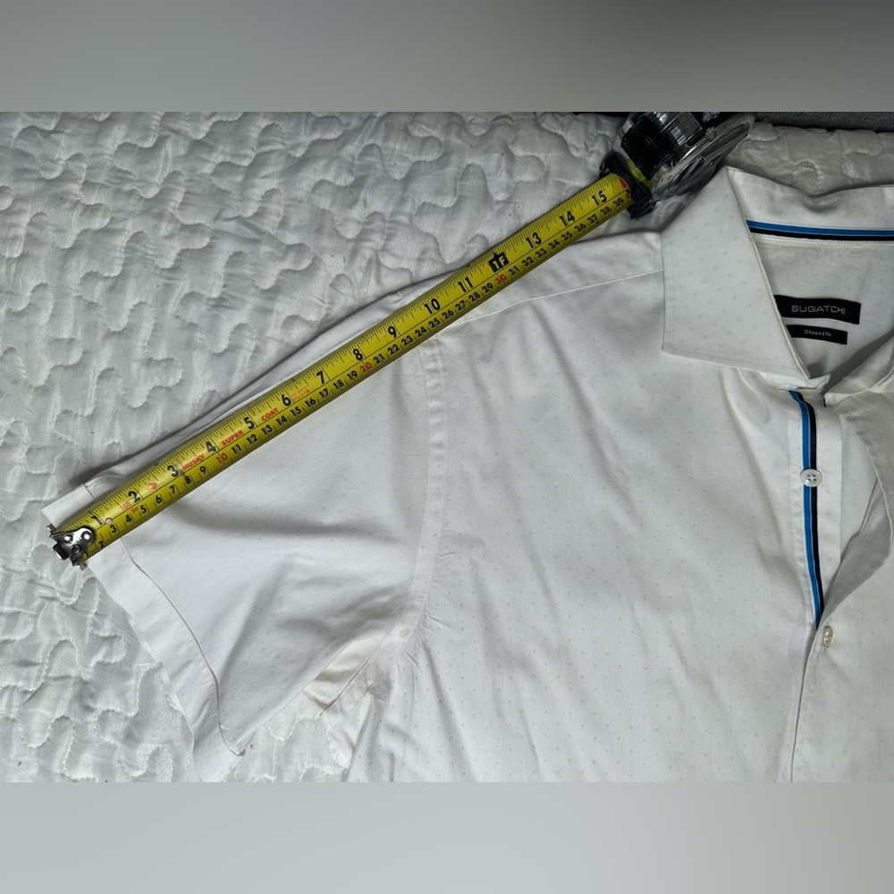 Bugatchi White Short-Sleeve Button-Up Shirt Shaped Fit 100% Cotton Luxury Size L - Picture 7 of 10